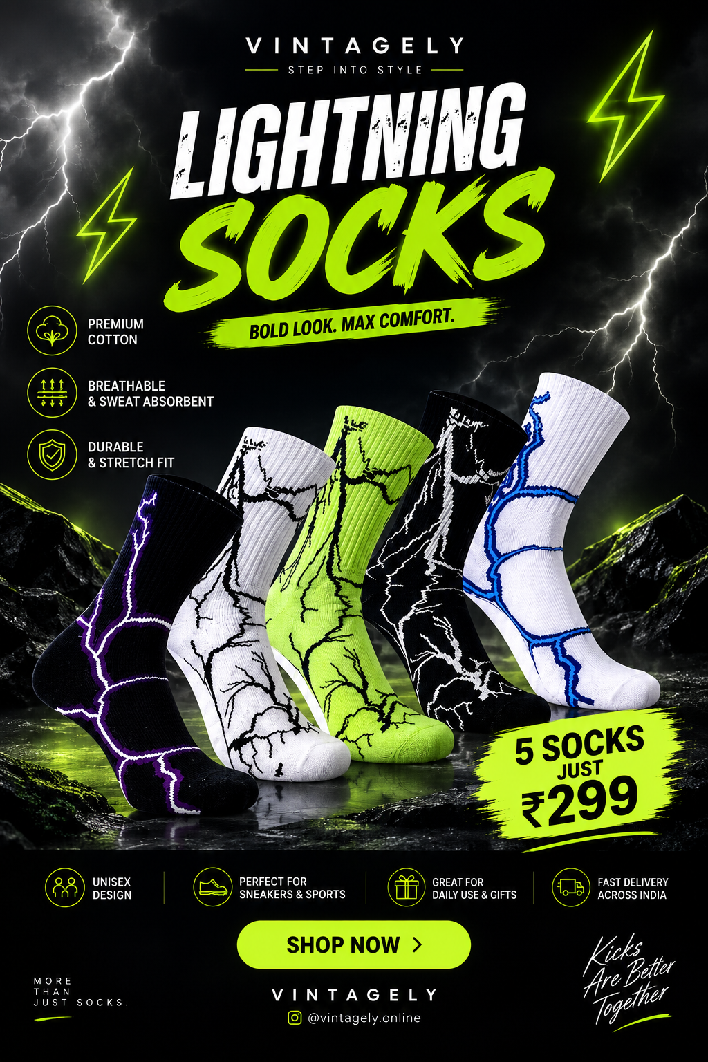 LIGHTNING SOCKS — 5 PAIR PACK